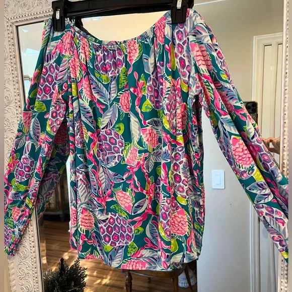 LILLY PULITZER Lana Off the Shoulder Top Maldives Green Turtle Wave Size XL - Picture 10 of 11